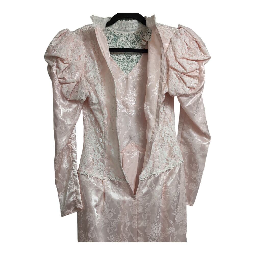 Vintage 80's Scott McClintock Pink Ivory Lace Victorian Style Dress High Neck 6 - Picture 9 of 13